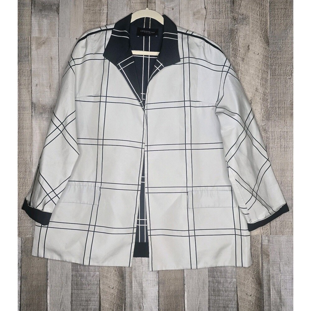Lafayette 148 New York Jacket Size XL Open Front Lightweight Black White Plaid